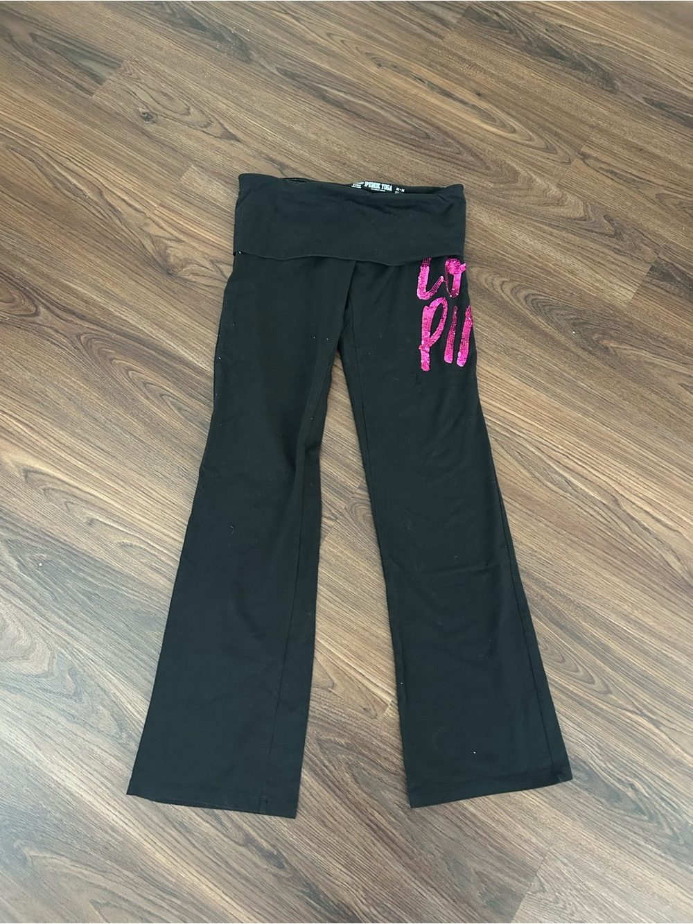 VS Love Pink Chicago Black Fold-Over Waist Yoga Pants with Pink Accent